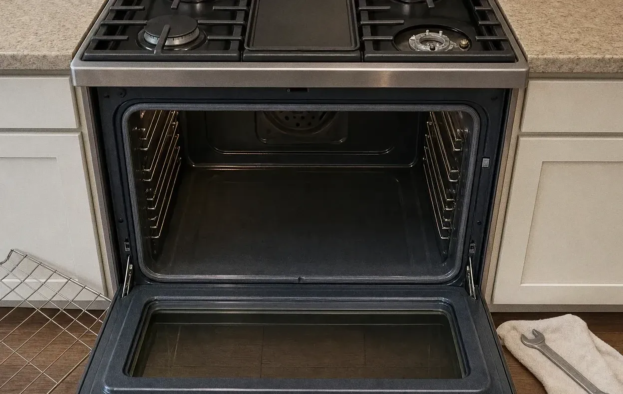 Slide-in stainless gas range in pale cabinetry photographed square on, oven door open on an empty cavity with a wrench on the floor