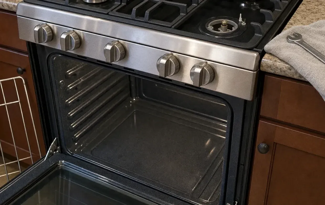 Three-quarter view of a stainless gas range with cast grates and knobs in the foreground and the oven door standing open