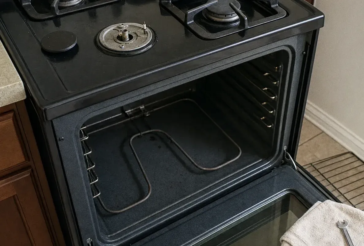 Dark gas range with the oven door open, the bake element coiled across the cavity floor and one rack still in place