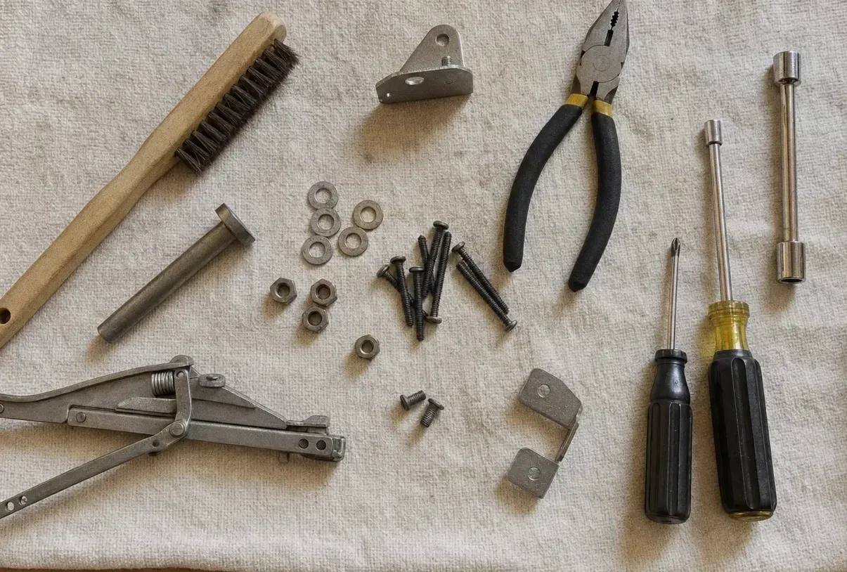 Wire brush, angle brackets, pliers and screwdrivers on canvas with washers, screws and a hinge arm